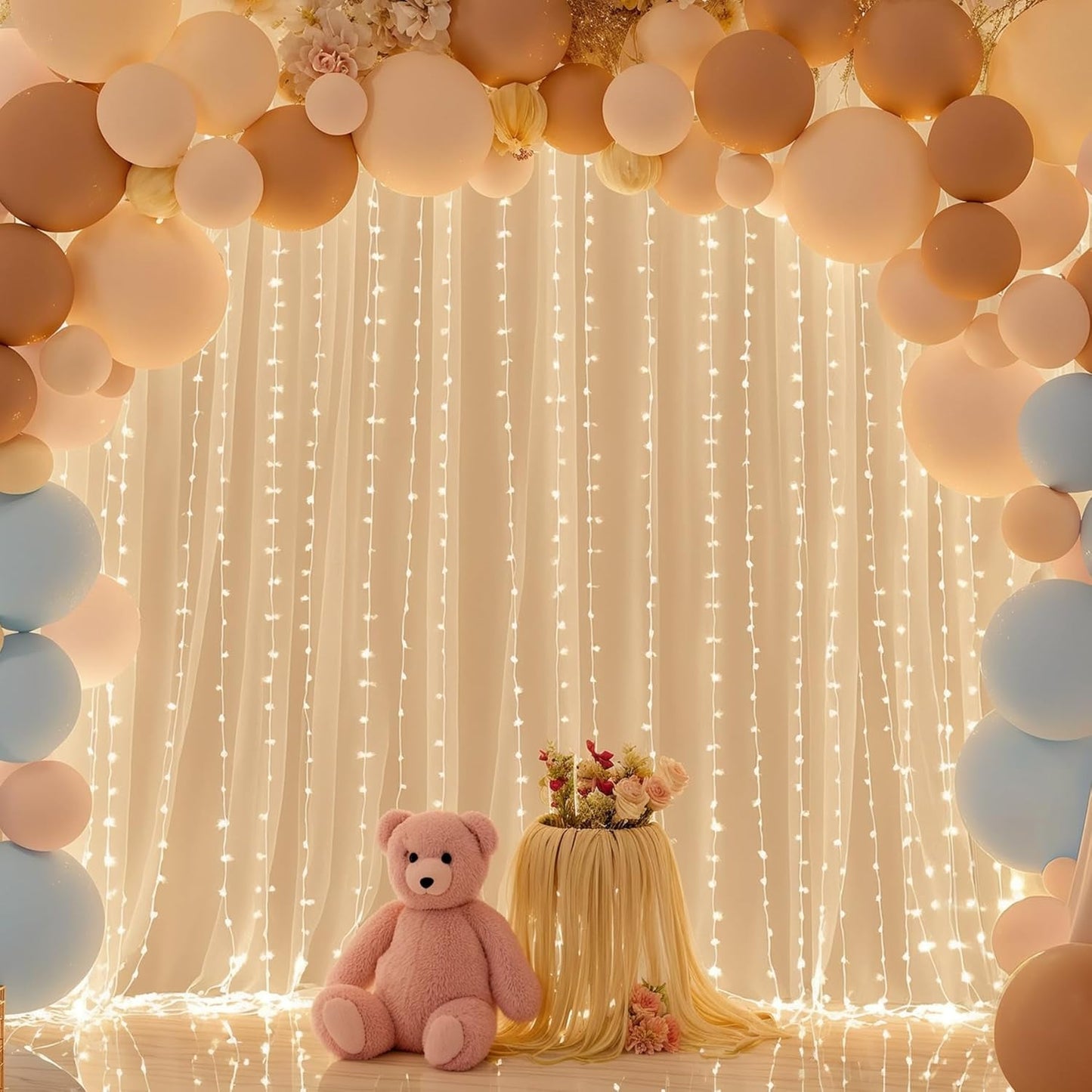10ft x 10ft Champagne Chiffon Backdrop Curtain with Lights String for Parites Wedding Wrinkle Free Curtain Photo Backdrops Drapes for Baby Shower Birthday Party Home Decorations