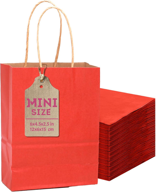 qiqee 24 Pcs Red Mini Paper Gift Bags with Handles 6"x4.5"x2.5" Small Brown Kraft Party Favor Bags Treat Bags Multiple Uses (Mini size)