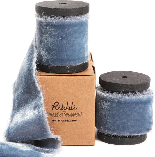 Ribbli Dusty Blue Velvet Ribbon 1.5 Inch Handmade Frayed Vintage Christmas Ribbon for Gift Wrapping Christmas Tree Ornament Wreath Craft Home Decor -Total 3 Yards with Wooden Spool