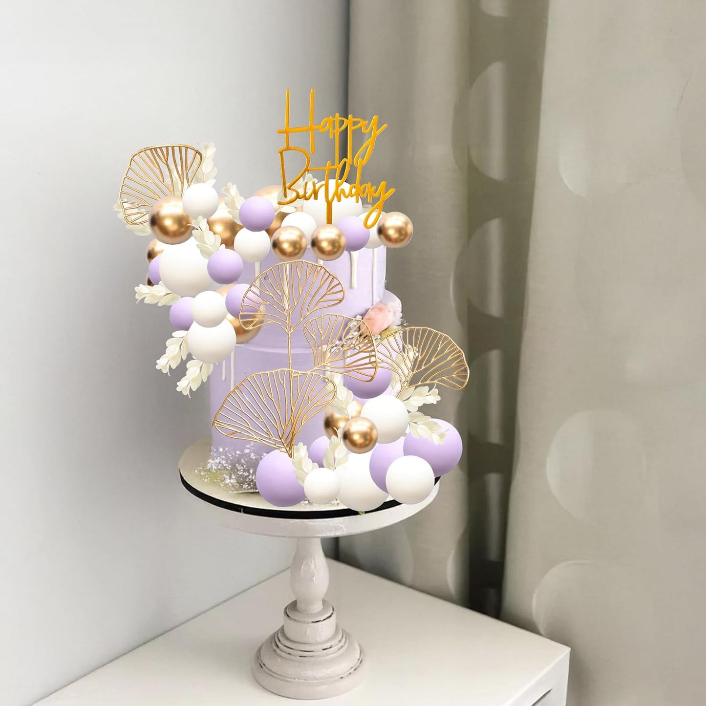 Gyufise 57Pcs Balls Cake Topper Boho Grass Cake topper Pearl Balls Acrylic Happy Birthday Cake Decorations for Wedding Baby Shower Birthday Boho Themed Party Supplies Purple