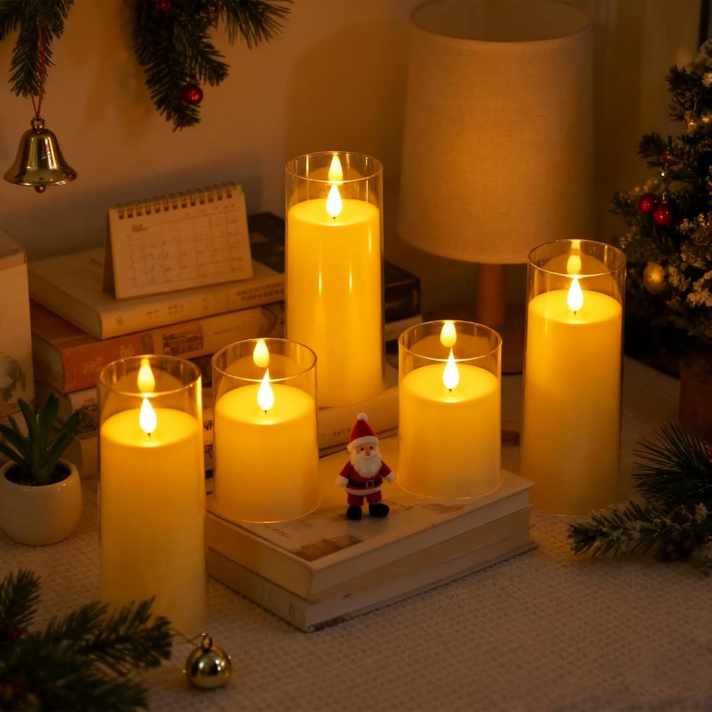 Fo32won Ivory White LED Flameless Pillar Candles Battery Operated with Remote and Timer, Pack of 5 (D 3"×H 4" 5" 6" 8" 8") Decorative Plexiglass Flickering Candles with 3D Flame