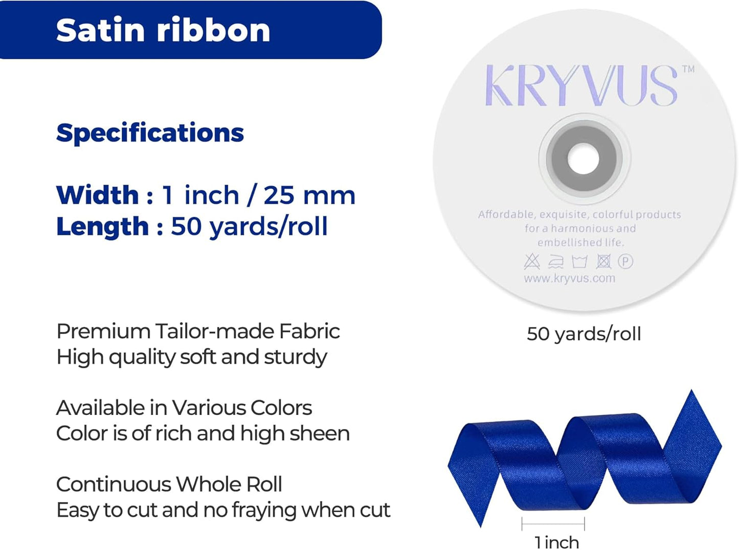 Royal Blue Satin Ribbon 1 inch X Continuous 50 Yards, Single Face Polyester Ribbon Perfect for Gift Wrapping, Flower Bouquet, Wedding Decor, Crafts, Bow Making, Sewing and More
