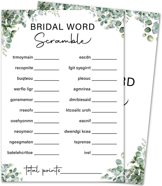 Eucalyptus Bridal Shower Game Cards - Word Scramble, Wedding Engagement Bachelorette Party Bridal Shower Games for 30 Guests, 30 Double Sided Cards with 1 Answer Card, Activity Supplies & Favor/A05