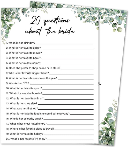 Eucalyptus Bridal Shower Game Cards - 20 Questions About The Bride, Wedding Engagement Bachelorette Party Bridal Shower Games for 30 Guests, Double Sided Cards Set of 30, Activity Supplies & Favor/A14