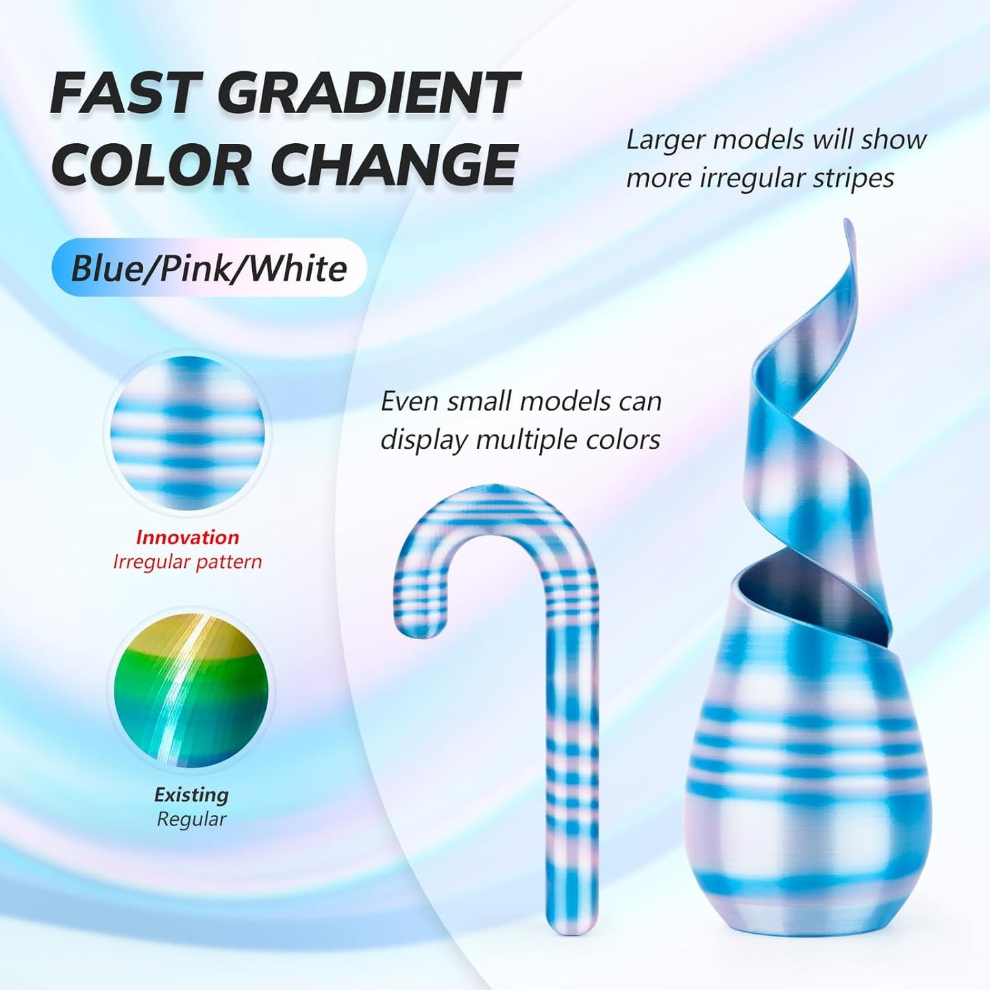 AMOLEN Silk PLA 3D Printer Filament, Shiny Multicolor Rainbow PLA Filament 1.75mm, Fast Color Change PLA 3D Printing Filament for Most FDM 3D Printer, Blue Pink White, 1kg (2.2lbs)