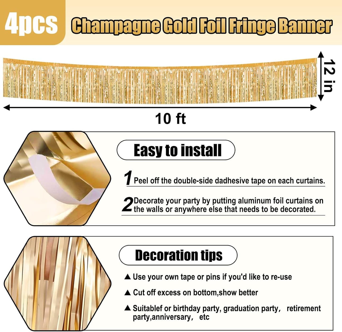 4 Pack 10 Feet Rainbow Foil Fringe Garland Metallic Tinsel Streamers Banner Wall Hanging Curtain Backdrop for Parade Floats, Wedding, Graduate, Mother's Day, Birthday Party Decoration