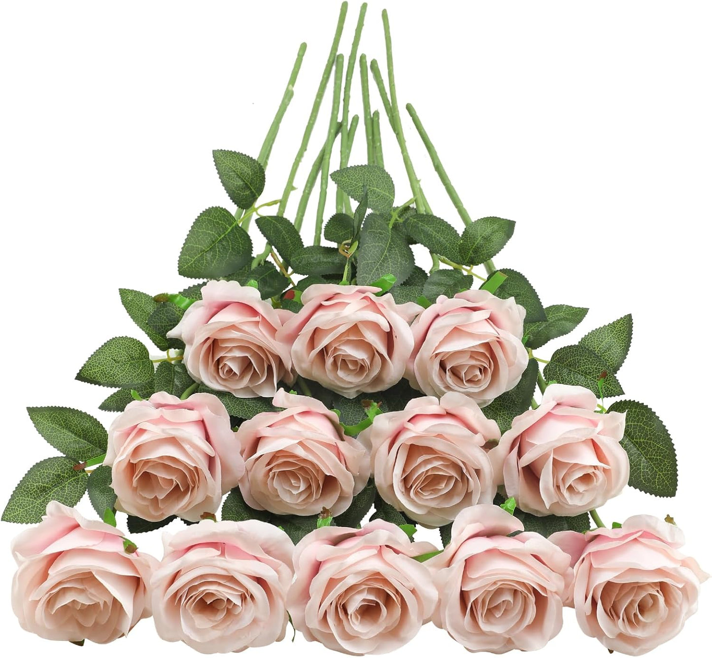 Tifuly Champagne Pink Roses Artificial Flowers - 12 Pcs Long Stem Silk Roses, Realistic Fake Roses with Stems for Bridal Bouquets, Home and Office DIY Decor