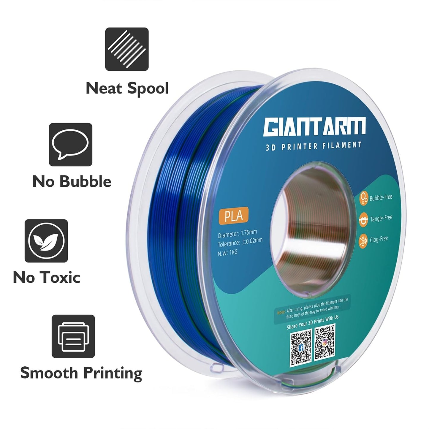 GIANTARM Tri-Colors Silk Pla Filament, 3D Printer Filament 1.75mm +/-0.02mm, 1Kg (2.2lbs) Spool, Vacuum Packaging (Orange+Blue+Green)