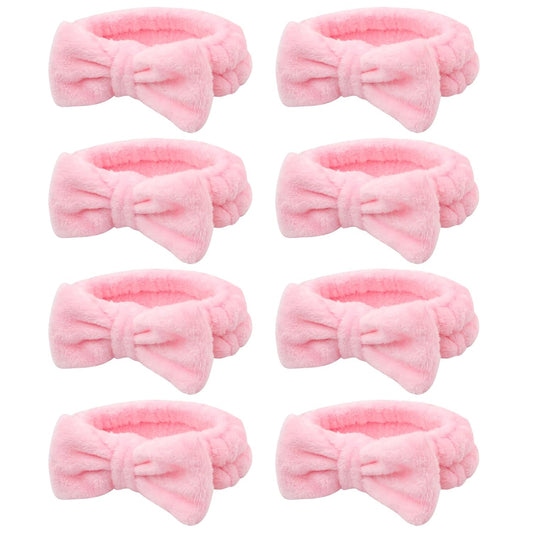 Semato 8 Pcs Pink Spa Headband for Washing Face and Makeup Bridesmaid Proposal Gifts for Women Coral Fleece Skincare Headbands Elastic Bow Head