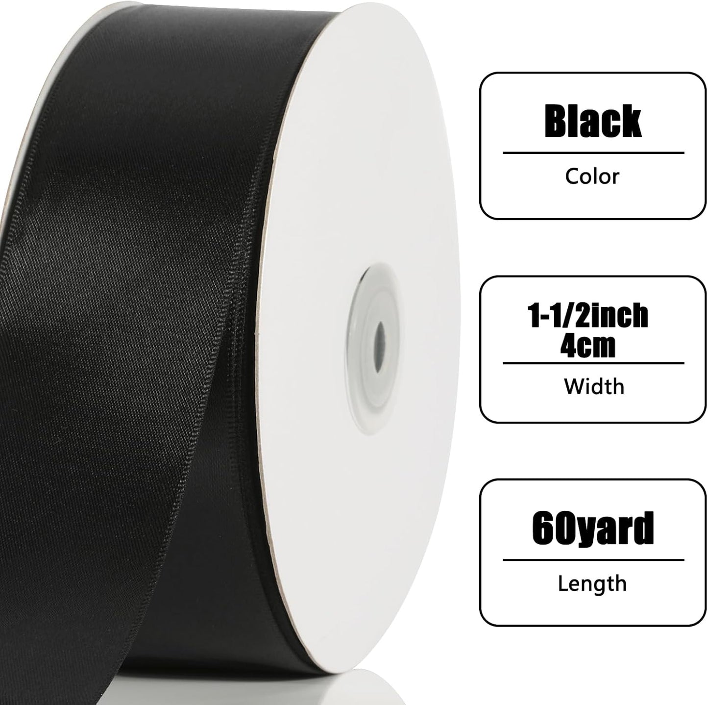 NESCCI 60 Yards Ribbon,1-1/2 Inch Black Satin Ribbon,Single Face Satin Ribbons, Perfect for Gift Wrapping,Wedding Decoration,Handmade Bows, Wrapping Bouquet and More