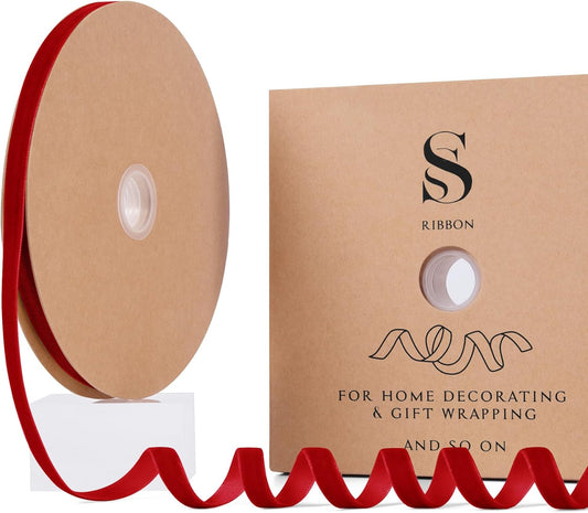 Red Christmas Velvet Ribbon for Tree, Gift Wrapping, Flower Bouquet, Wreath Decorations, Bow Making 3/8'', 25 Yards