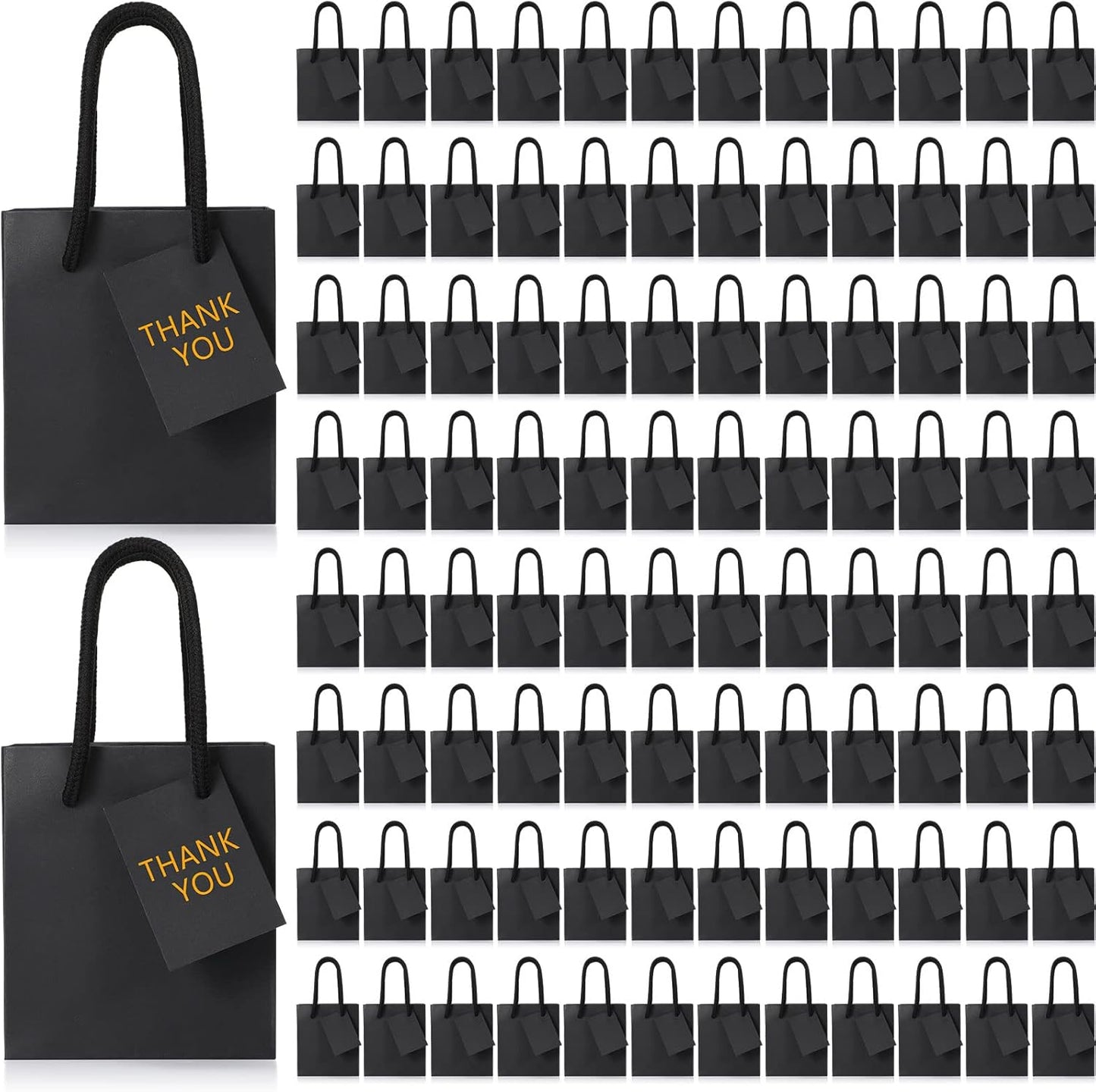 Sherr 100 Pack Mini Gift Bags Bulk, 4 x 2.75 x 4.5 Inches Paper Bags with Tags, Extra Small Paper Gift Boxes with Handles for Birthday, Party Favors, Weddings, Small Business(Black)