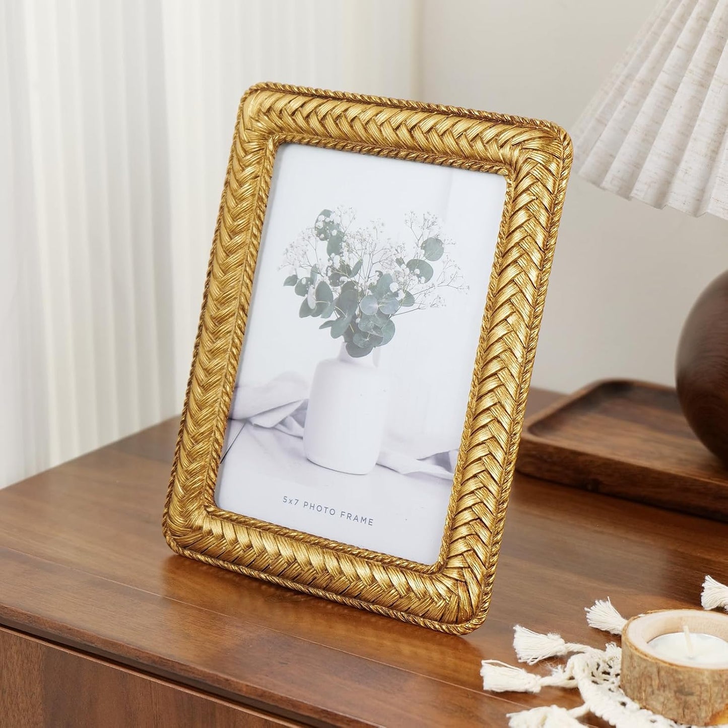 Cuspin 5x7 Gold Picture Frame, Ornate Decorative Rattan Resin Photo Frame, Gold Frames Braided Design for Tabletop Display or Wall Hanging, Elegant Home Decor