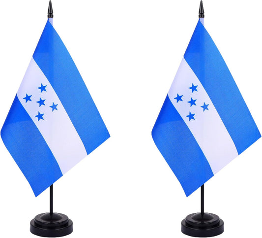 Honduras Desk Flag 12" Solid Pole Deluxe Set Hondurans Flags Banner Mini Small Honduras Office Table Flags with Black Stand Base Desktop Decorations(2Pack)