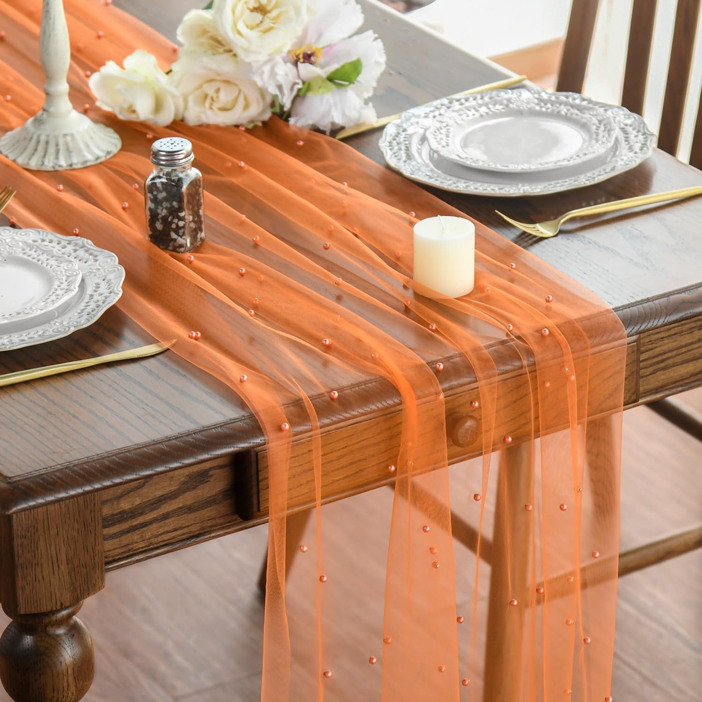 Artoid Mode Pearl Orange Gauze Table Runner 59x120 Inch , Seasonal Sheer Kitchen Dining Holiday Wedding Birthday Baby Shower Table Decor for Home Party