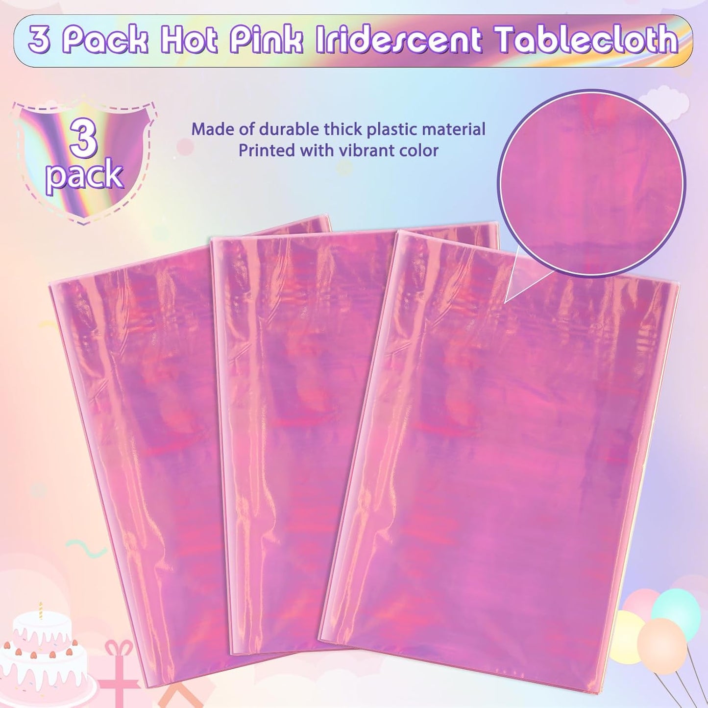 3 Pack Iridescent Plastic Tablecloth, Shiny Disposable Laser Rectangle Table Covers, Holographic Foil Tablecloth Party Decorations for Birthday Bridal Wedding Anniversary Party Supplies, 50 x 100 Inch
