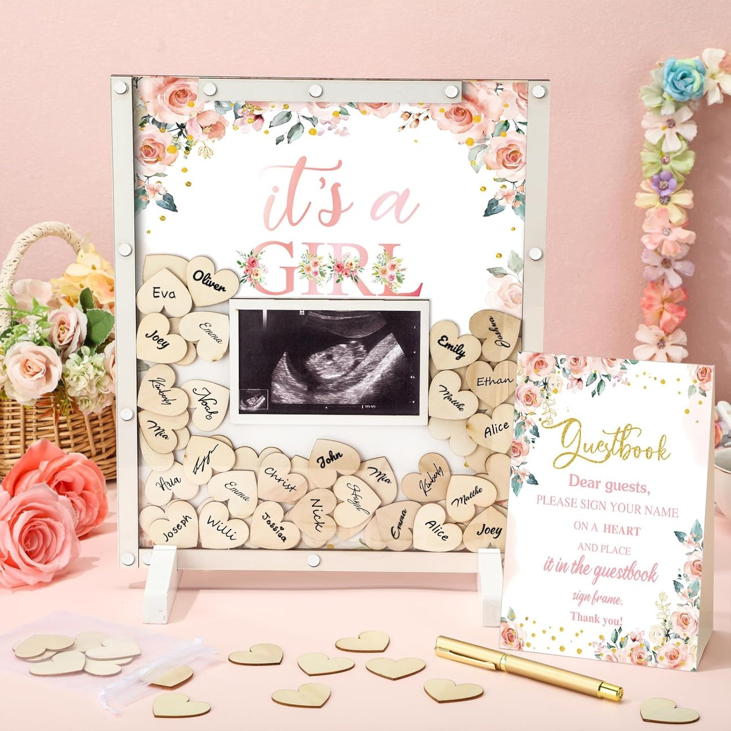 65 Pcs Baby Shower Guest Book Decorations Baby Shower Sign in Guest Book Alternatives Floral It's a Girl Decorations with Photo Frame and 60 Wood Slices Keepsakes for Guests