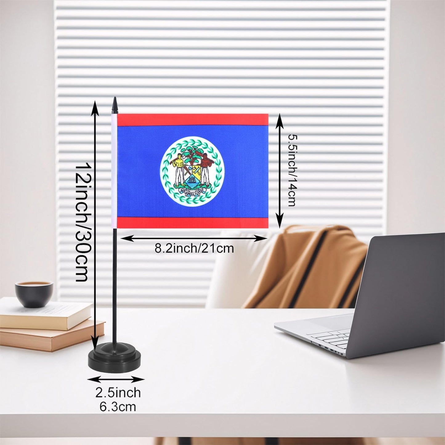 Belize Desk Flag 12" Solid Pole Deluxe Set Belizeans Flags Banner Mini Small Belize Office Table Flags with Black Stand Base Desktop Decorations(2Pack)