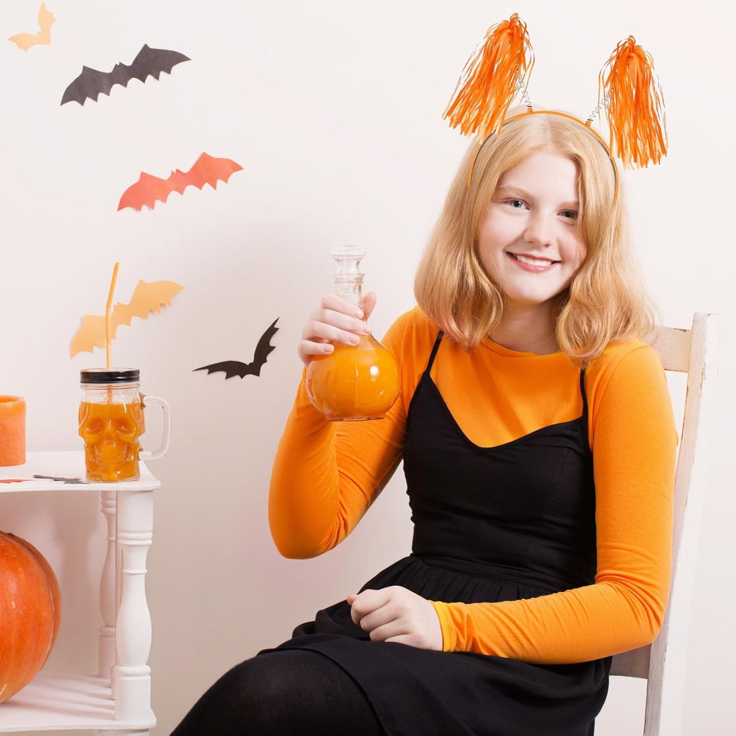 Censen 12 Pcs Halloween Pom Pom Party Headbands Tinsel Ponytails Spirit Head Bopper Headwear for Christmas Birthday Holiday