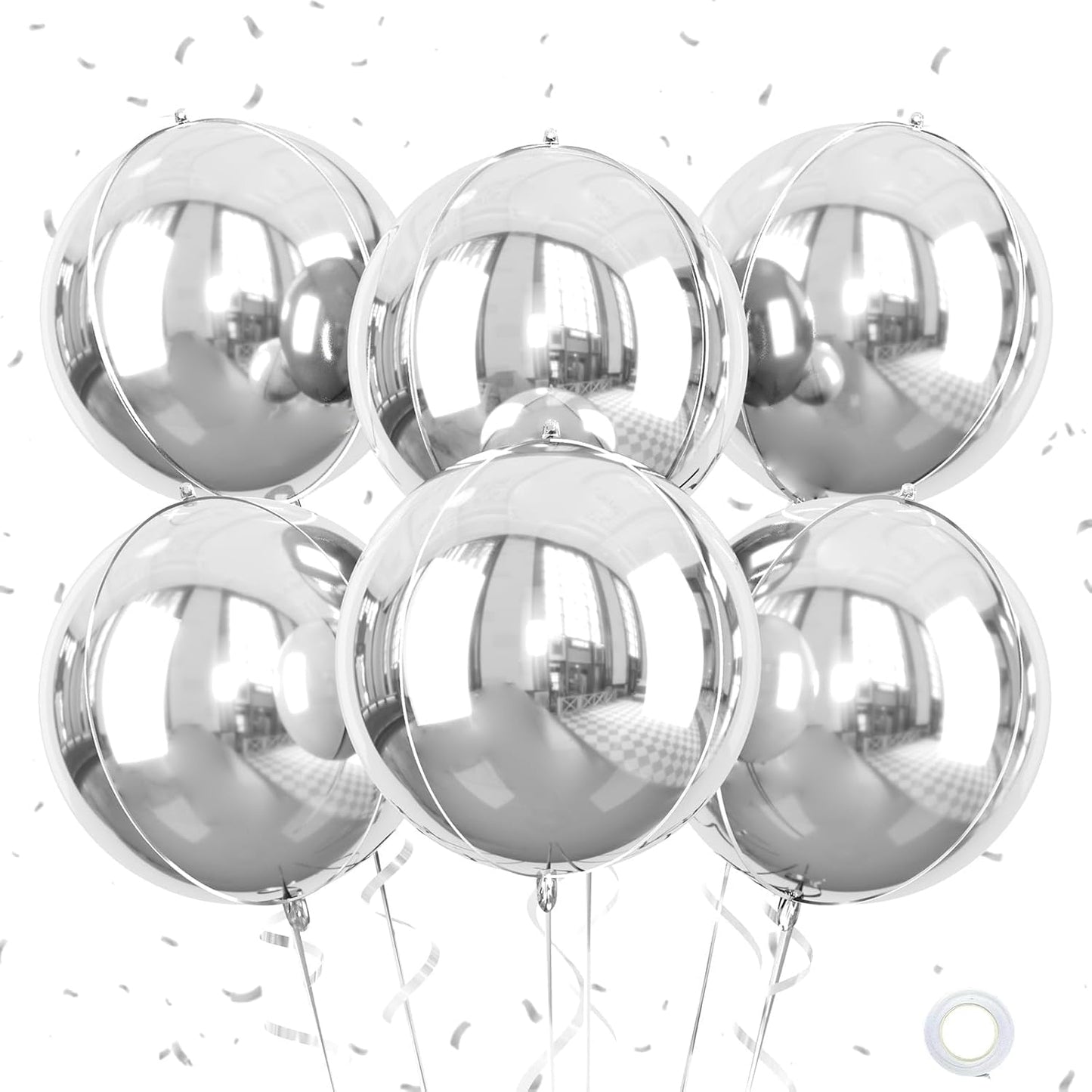 Giant 4D Foil Balloons, 6Pcs Large Metallic Silver Round Balloons, 22 Inch Big Round Foil Balloon for Silver Birthday Party Baby Shower Wedding Decorations
