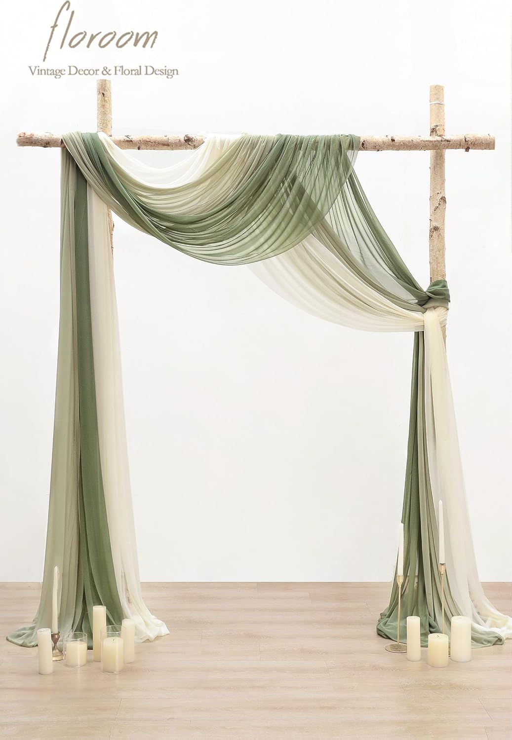 Floroom Wedding Arch Draping Fabric 3 Panels 20Ft Chiffon Fabric Drapes Arbor Drapery Wedding Ceremony Reception Swag Decorations (Forest Green +Sage Green +Ivory)