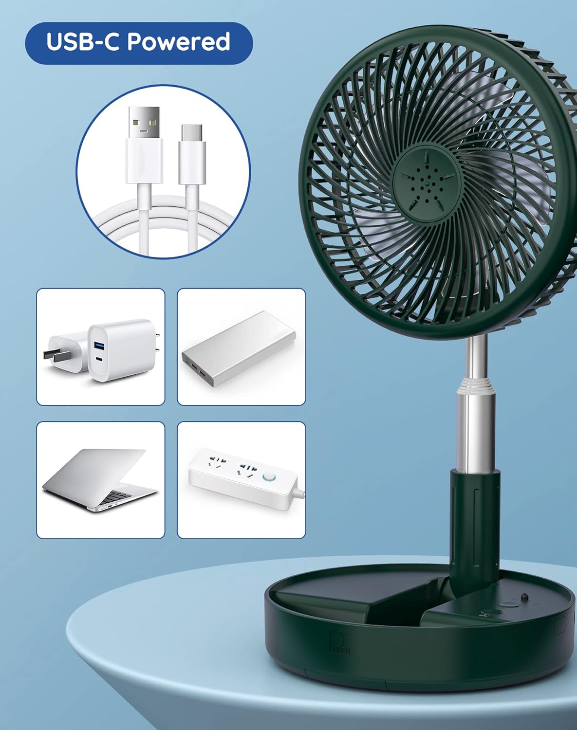 Primevolve Battery Operated Fan,Portable Rechargeable USB Floor Table Desk Fan with Adjustable Height, 4 Speed Settings Pedestal Fan for Bedroom Camping Travel,Green 7.7"