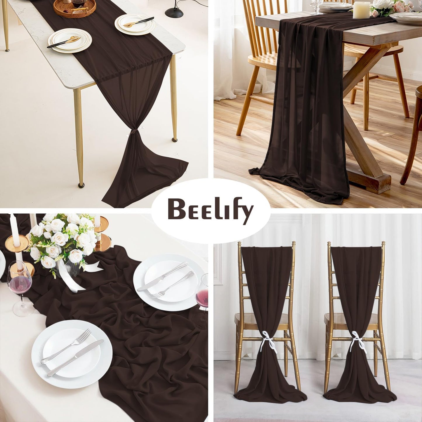 2 Pack 10 Ft Chiffon Table Runner Coffee Gauze Long Table Runners 27x120 Inches Sheer Tulle Table Runner for Rustic Wedding Reception Bridal Shower Decorations Birthday Party