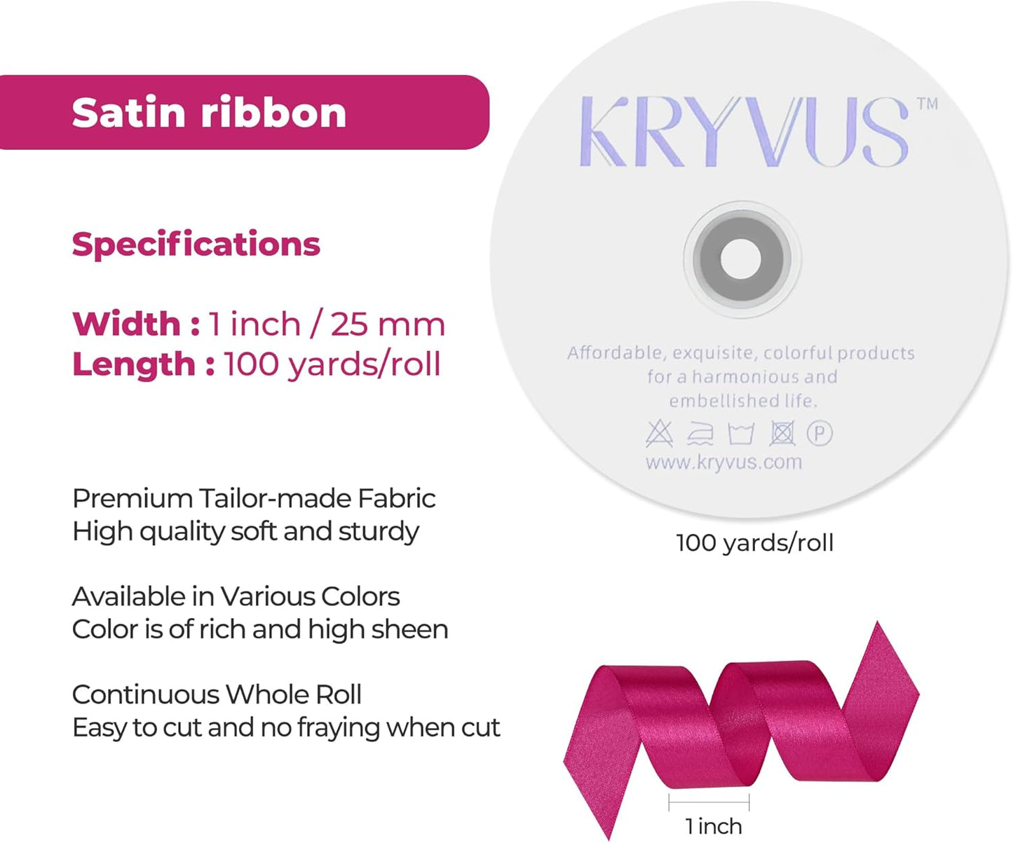 Rose Red Satin Ribbon 1 inch X Continuous 100 Yards, Single Face Polyester Ribbon Perfect for Gift Wrapping, Flower Bouquet, Wedding Decor, Crafts, Bow Making, Sewing and More