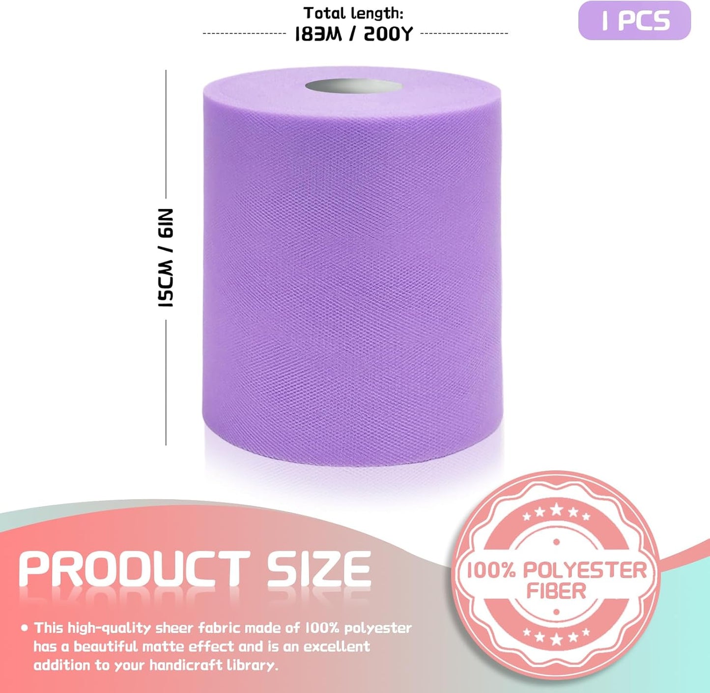 6" x 200 Yards Lavender Tulle Fabric Rolls, Light Purple Spool Tulle Ribbon for DIY Tutu Skirt Wedding Decoration Baby Shower Birthday Party Backdrop Christmas Gift Wrapping Bow Craft Supplies