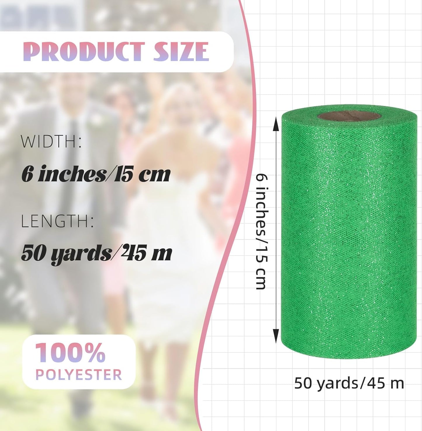 Glitter Tulle Rolls 6" by 50 Yards - Sparkle Fabric Ribbon With Sequins for DIY Tutu Skirt, Wedding, Birthday Party Decoration (Green)