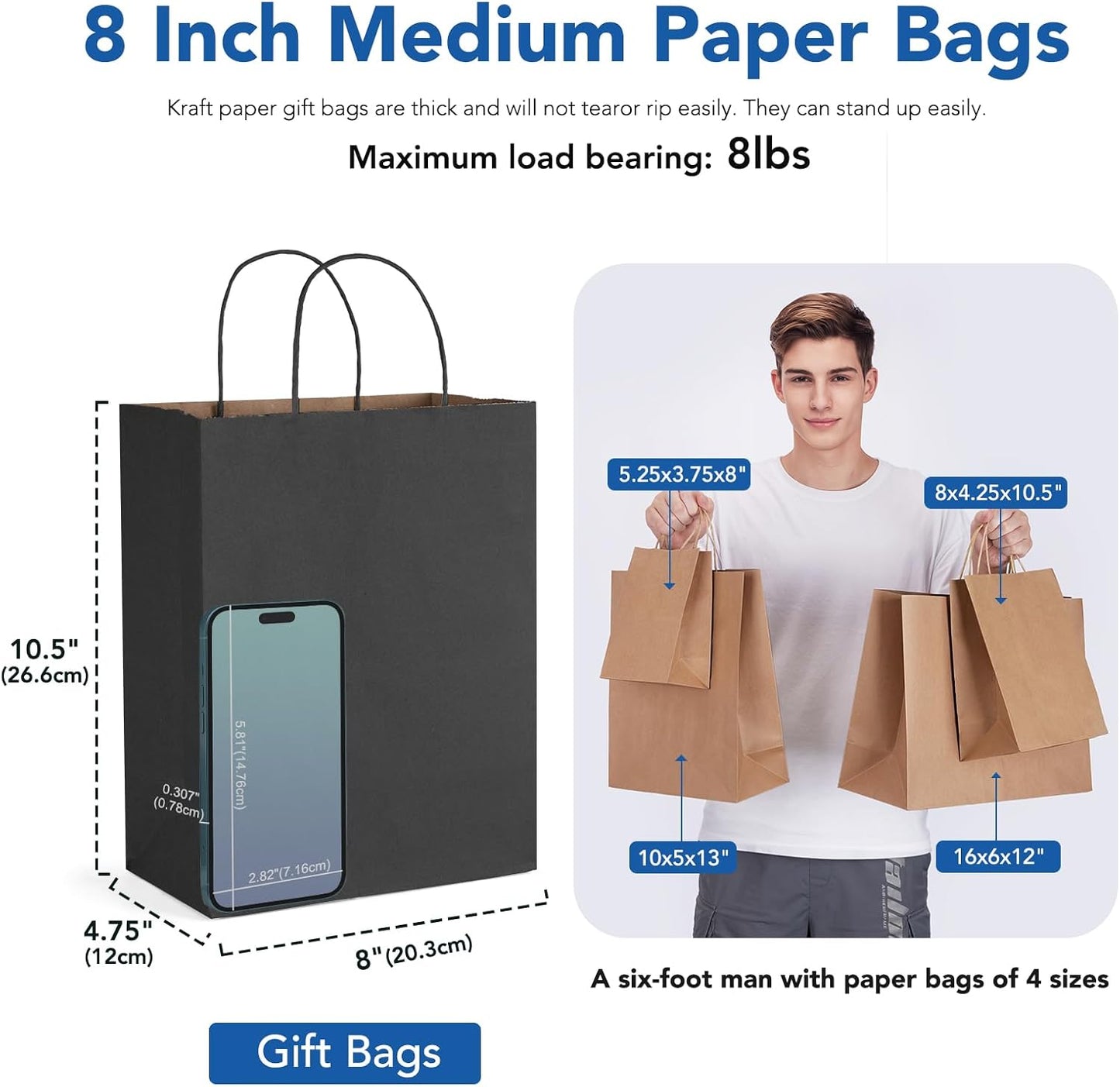 GSSUSA 400 Pack 8x4.25x10'' Paper Bags with Handles Bulk, Black Kraft Paper Gift Bags for Small Business, Sturdy Grocery Retail Shopping Bag, Birthday Party Favor Bag, Craft