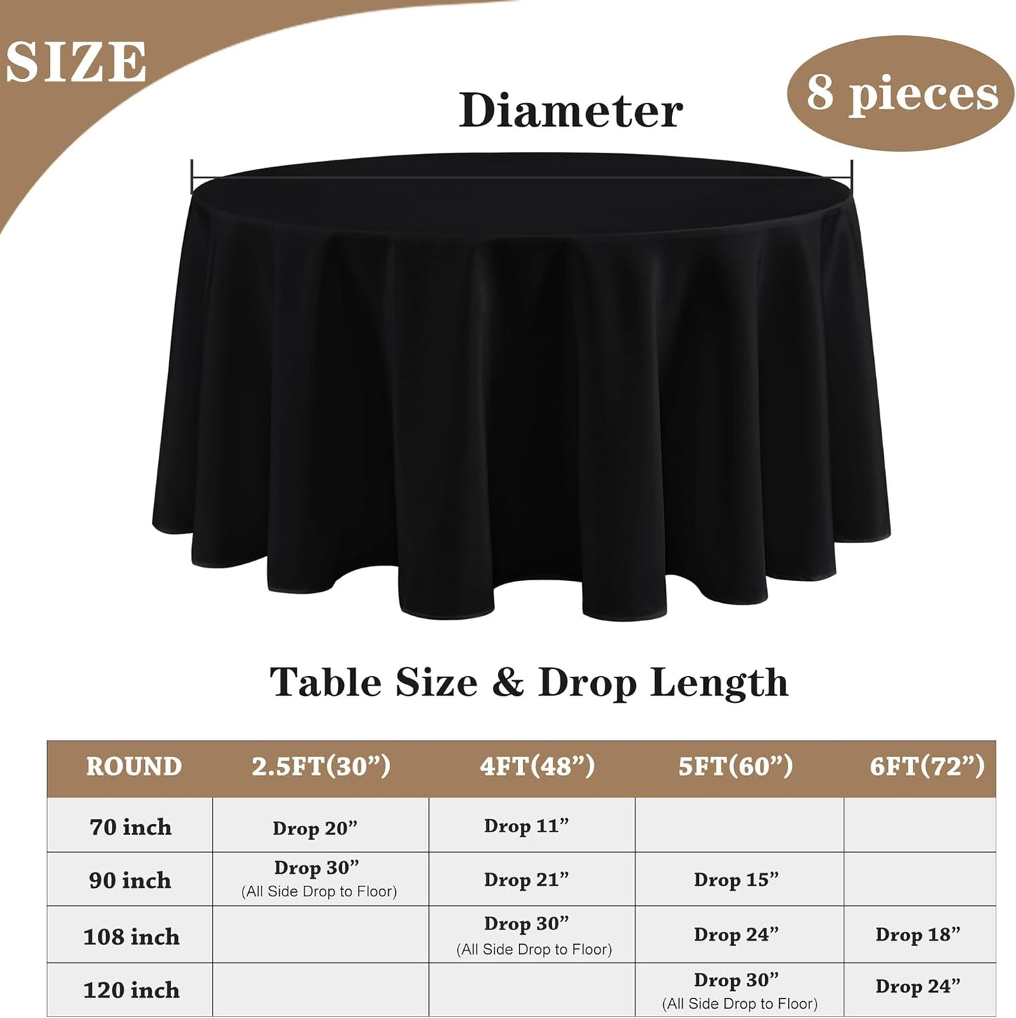 Fitable 8 Pack Black Table Cloths 120 Inch Round - Stain Resistant and Washable Tableclothes, Polyester Fabric Table Covers for Wedding, Party, Banquet, Formal Events