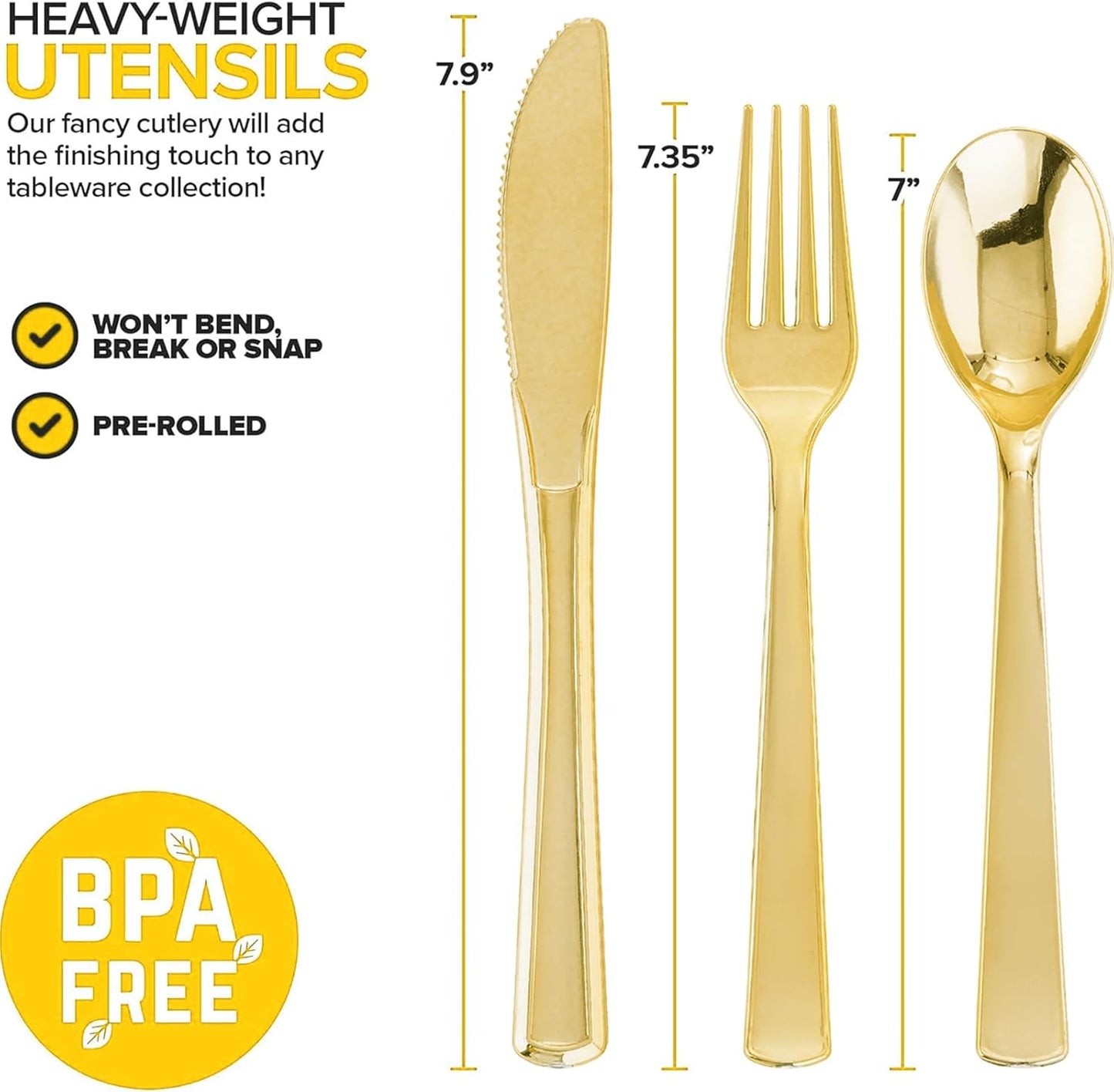 200Guests Pre Rolled Gold Plastic Silverware Sets - Heavy Duty Gold Cutlery - Include 200 Pack Wrapped Disposable Utensils with Napkins for Parties & Dinners & Weddings
