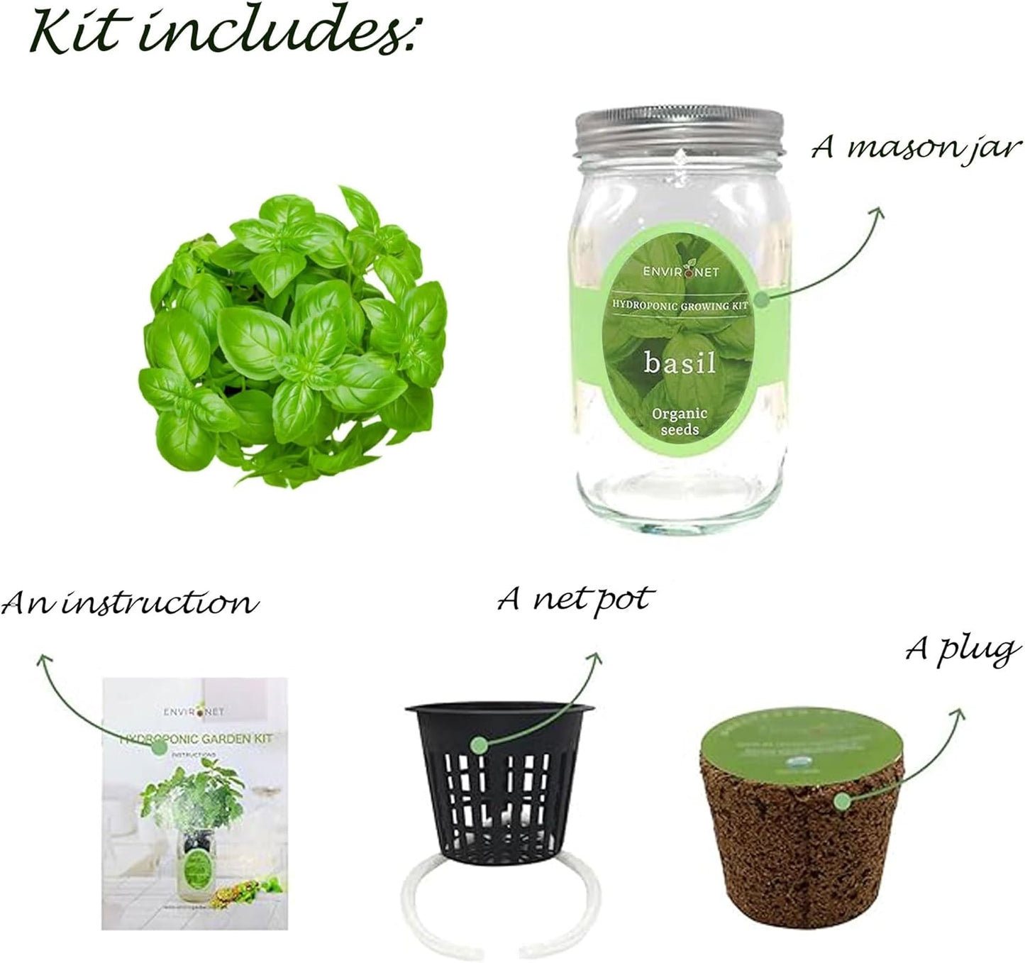 Hydroponic Growing Kit, Self-Watering Mason Jar Herb Garden Starter Kit Indoor, Windowsill Herb Garden, Grow Your Own Herbs from Organic Seeds (Basil)