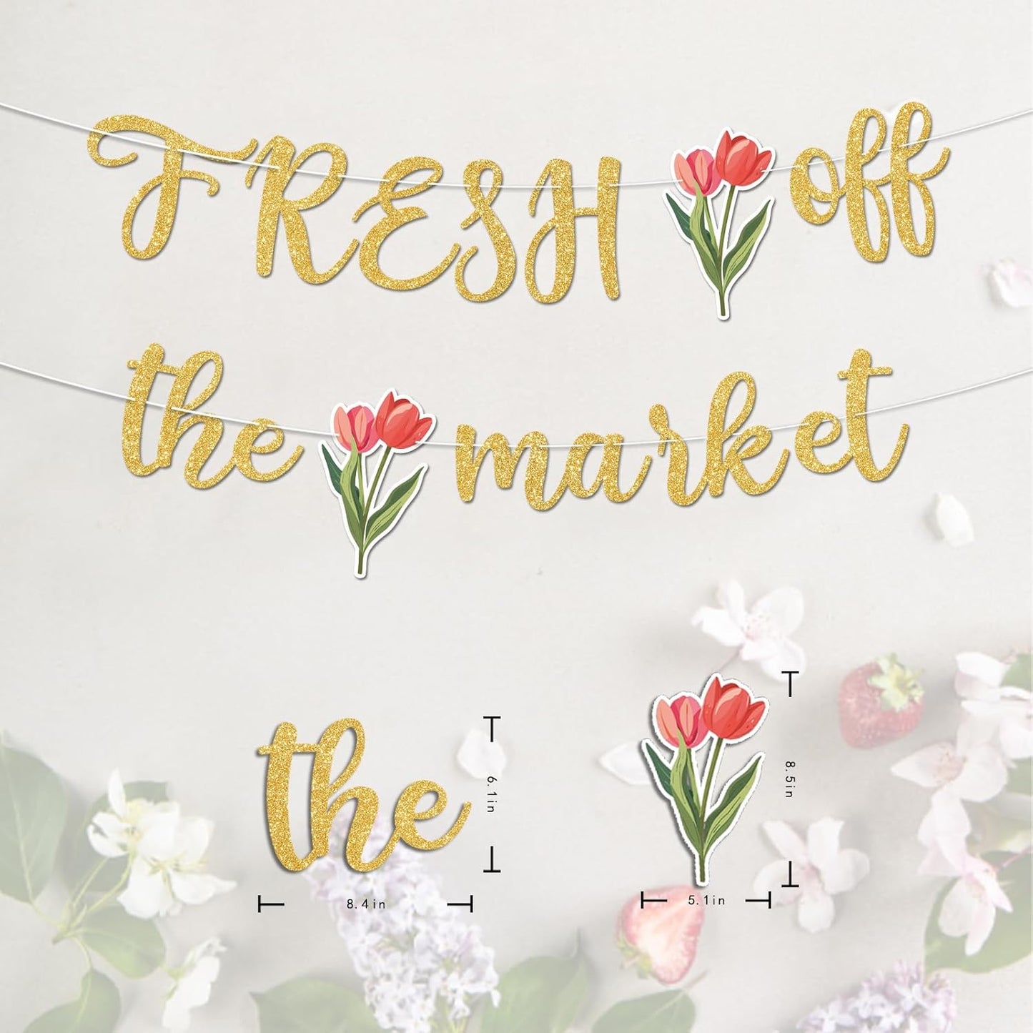 Fresh Off The Market Bridal Shower Banner, Gold Glitter Farmers Market Floral Theme Wedding Banner for Bachelorette Wedding Engagement Party Decorations Supplies, No DIY.