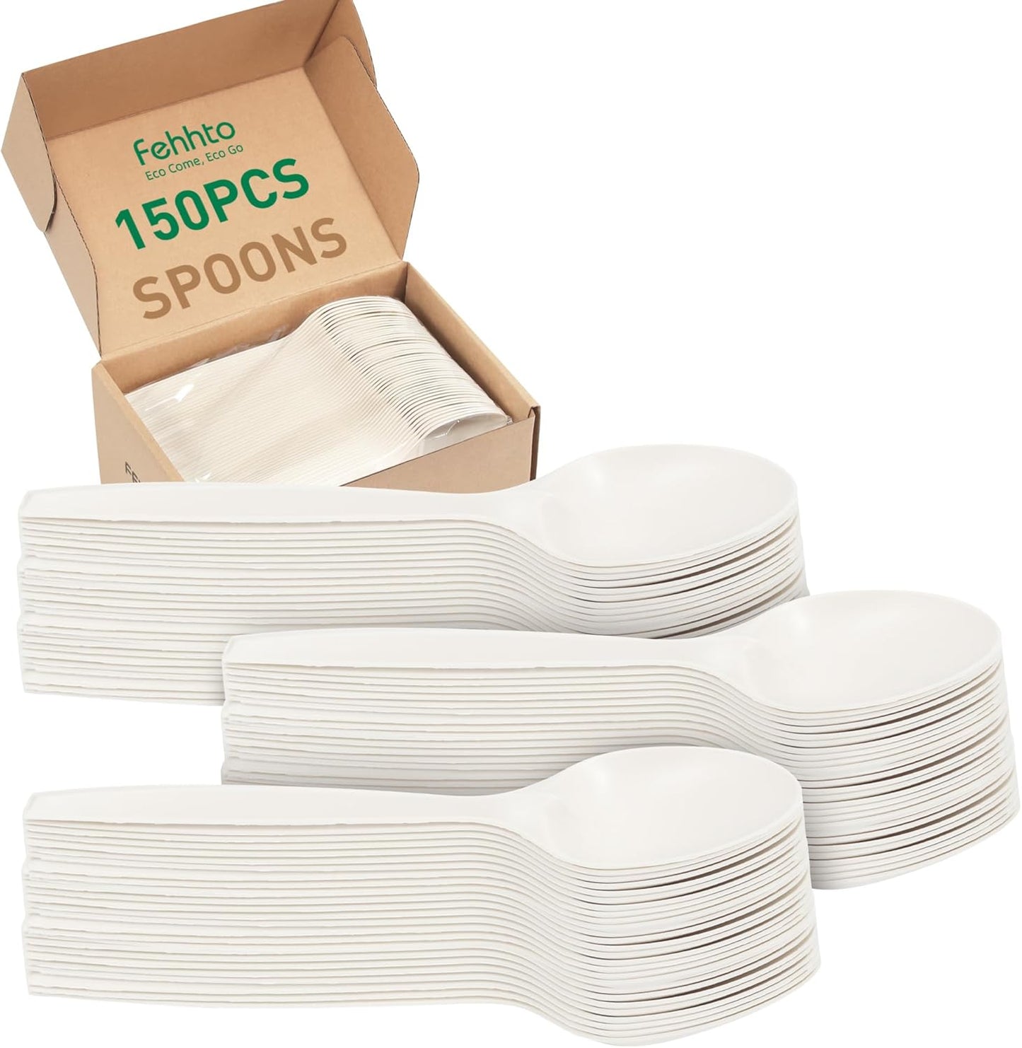 100% Compostable Disposable Spoons, 6.7" 150pcs Heavy Duty Utensils Eco-Friendly Cornstarch Cutlery Durable and BPI-Certified Party Supplies No Plastic, Ivory White