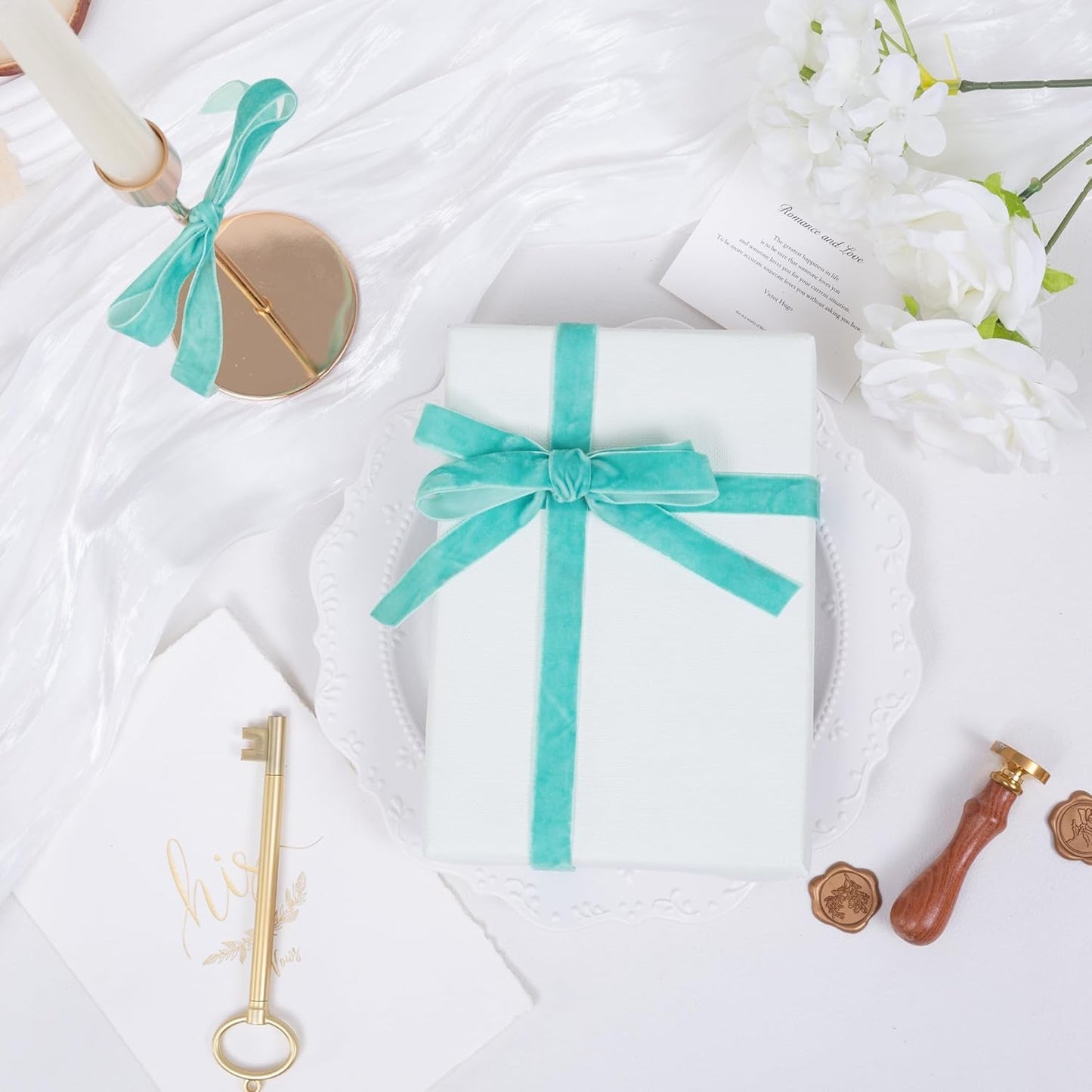 Vintage Turquoise Blue Velvet Ribbon Christmas Ribbon for Gift Wrapping Crafts Christmas Tree Ornaments Garland Decorations, 5/8 Inch X 25Yd