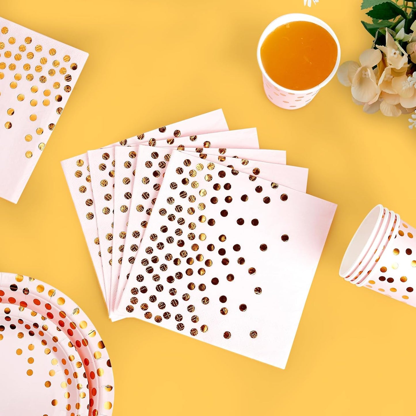 Pink and Gold Party Supplies - 350 PCS Disposable Dinnerware Set - Pink Paper Plates Napkins Cups, Gold Plastic Forks Knives Spoon for Graduation, Birthday, Cocktail Party