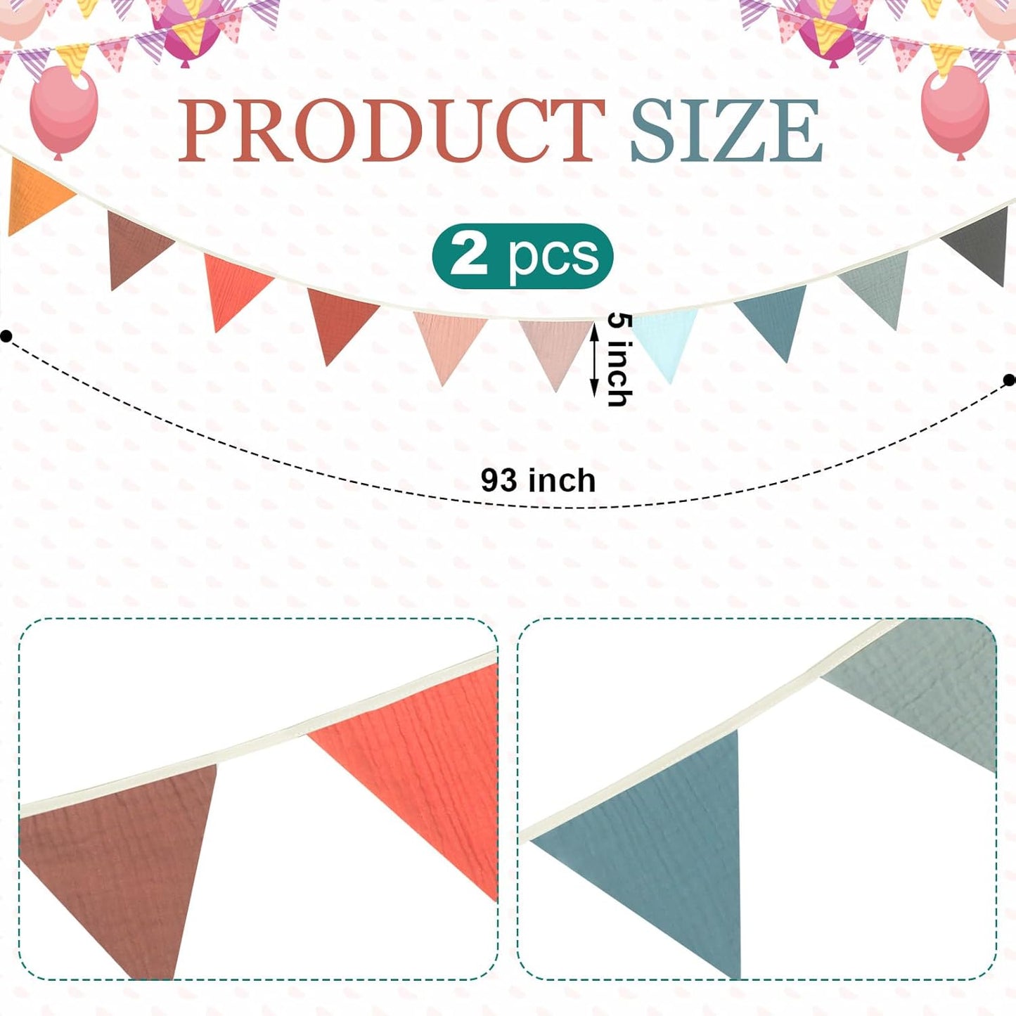 Oudain 15.5 ft Pennant Banner Flags, 2 Pcs Nursery Garland Triangle Bunting Flag Baby Banner for Nursery Decor Baby Birthday Boho Wedding Shower Party Event, Each 7.75 ft(Mixed Color)