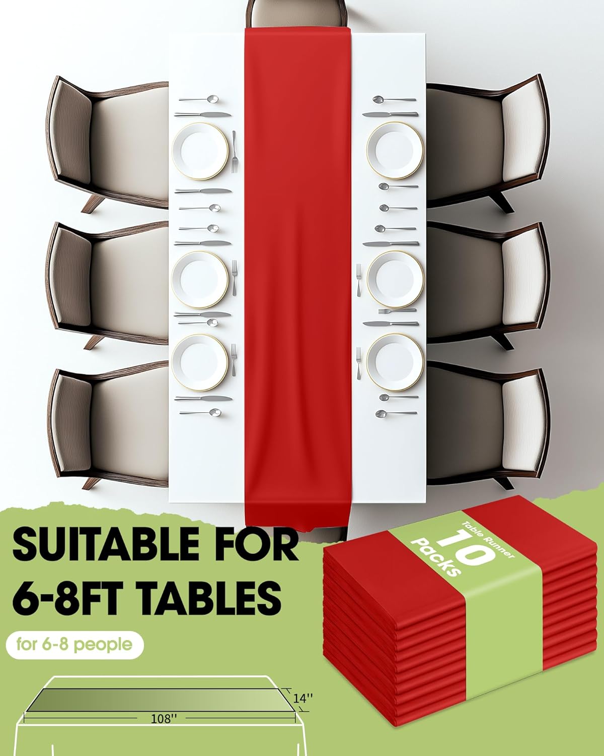 Pureegg Red Plastic Table Runners - 10 Pack, 14'' x 108'', Water Resistant & Disposable Centerpiece Decorations for Table Cloth, Wedding, Birthday, Holiday, Baby Shower, Party, Home Decor