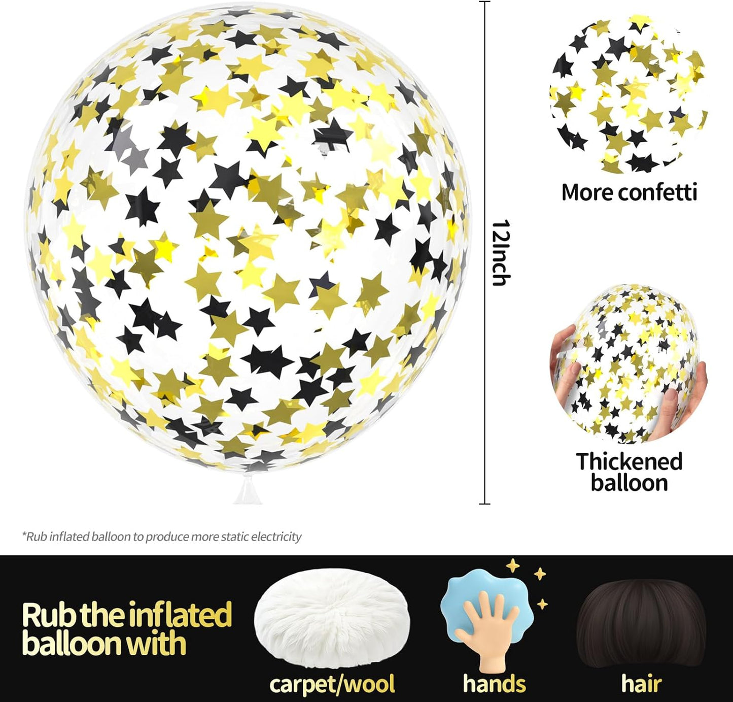 VHUWE 25 Pcs Black Gold Star Confetti Balloons, 12 Inch Clear Latex Balloon with Confetti Inside for Birthday Party Baby Shower Graduation Engagement Bridal Shower Decorations Supplies - Star Confetti