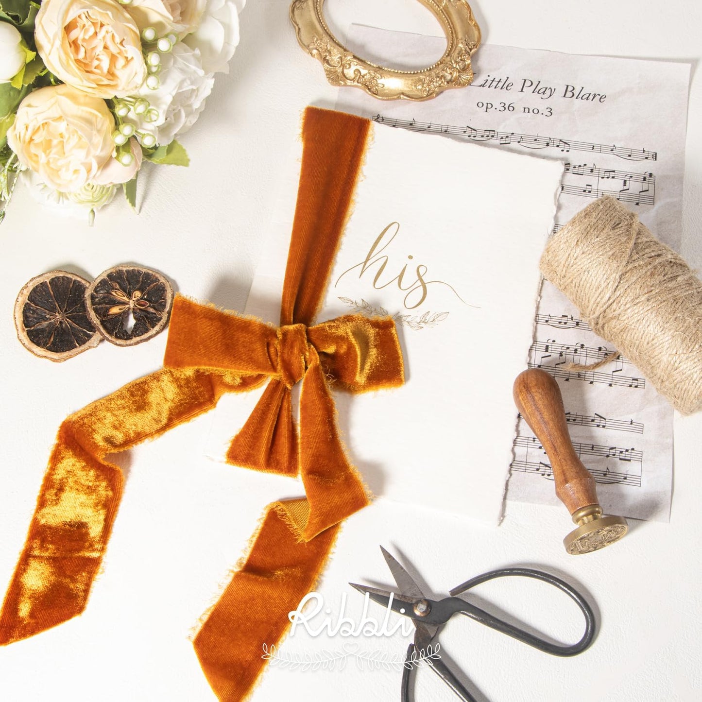 Ribbli Terracotta Velvet Ribbon 1.5 Inch Handmade Frayed Vintage Burnt Orange Christmas Ribbon for Gift Wrapping Tree Ornament Wreath Craft Home Decor -Total 3 Yards with Wooden Spool