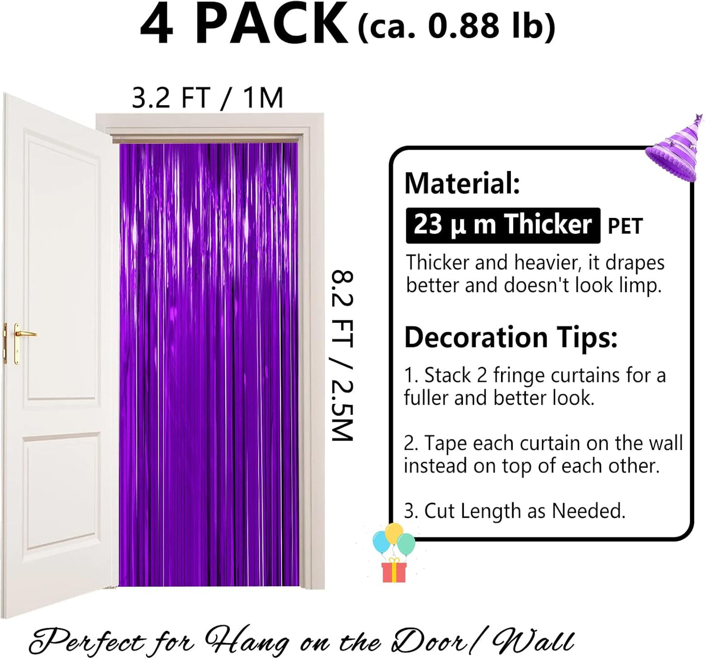Halloween Decorations Purple Streamers - Thicken 4 Pack 3.2 x 8.2 FT - Purple Tinsel Foil Fringe Curtains, Photo Booth Props Backdrops for Birthday, Halloween, Graduation Party Decorations