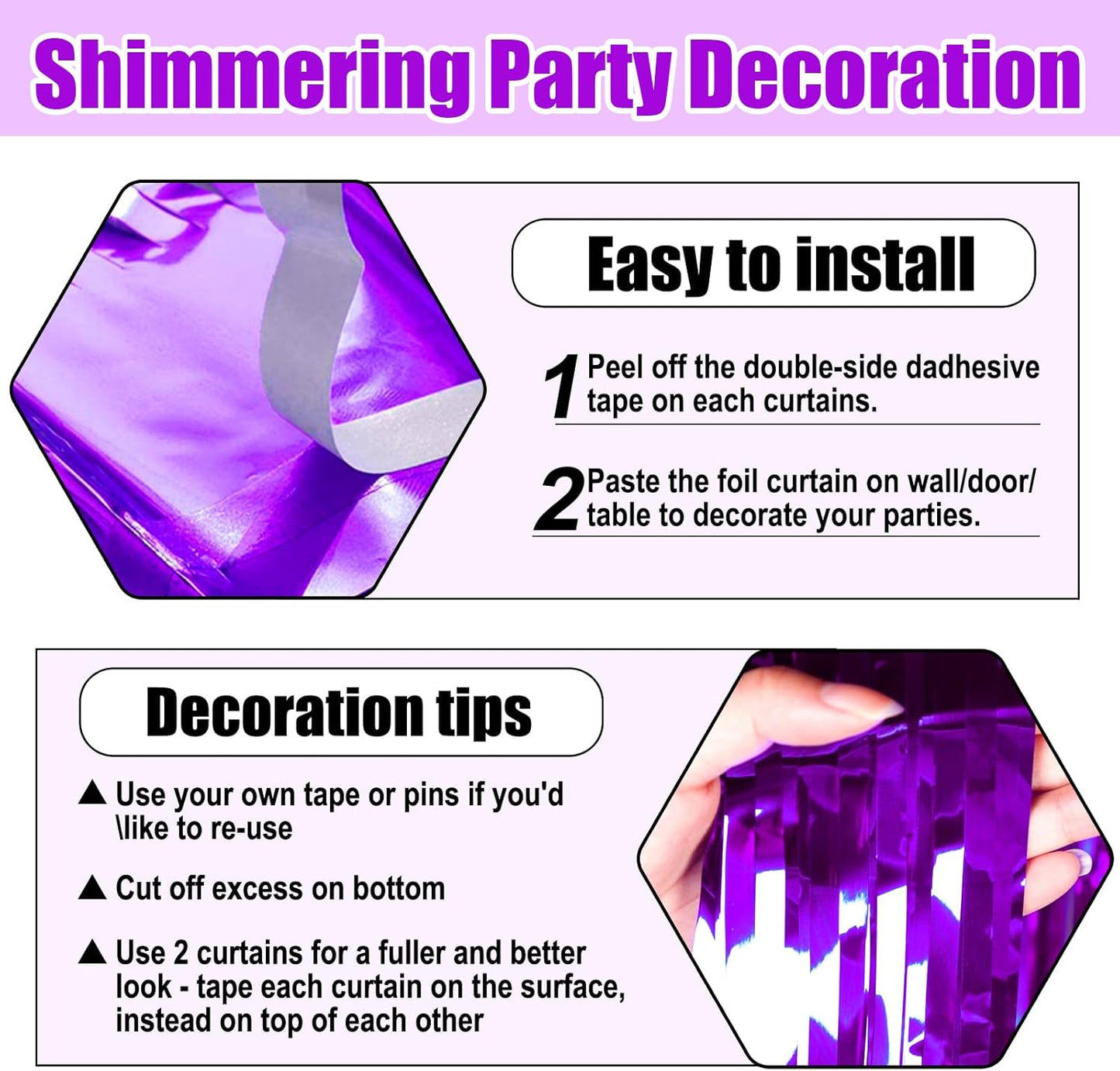 3 Pack Purple Foil Fringe Curtain Backdrop, 3.28Ft x 8.2Ft Metallic Tinsel Foil Fringe Streamer Curtains for Photo Booth, Christmas Day, Thanksgiving, Wedding, New Year Party Decorations