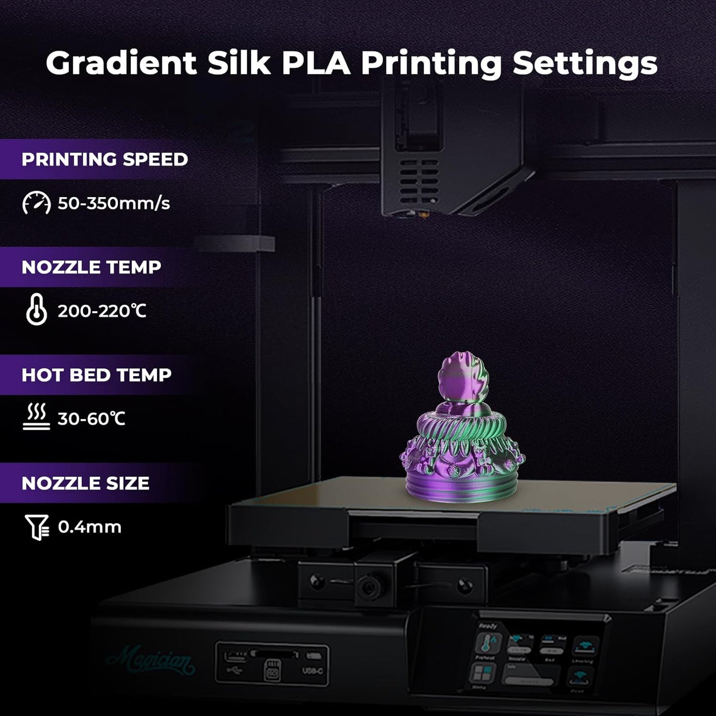 AMOLEN Silk PLA 3D Printer Filament, Dual Color Purple Green PLA 1.75mm, Shiny Color Change Filament 3D Printing PLA Filament for Most FDM 3D Printer, 1kg Spool(2.2lbs)
