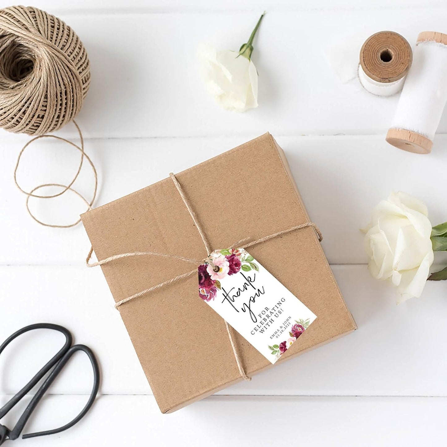 Andaz Press 100-Pack Personalized Thank You for Celebrating with Us Wedding Favor Tags with Bakers Twine Fall Burgundy Marsala Custom Thank You Tags Wedding Gift Tags for Party Favors 2 X 3.75-Inches