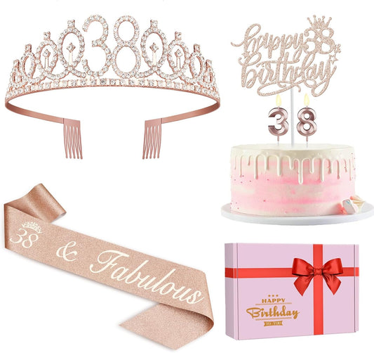 38th Birthday Decorations for Women Including Birthday Sash, Tiara/Crown, Numeral Candles and Cake Topper, 38 Year Old Gifts for Women, Rose Gold Party Decor Supplies