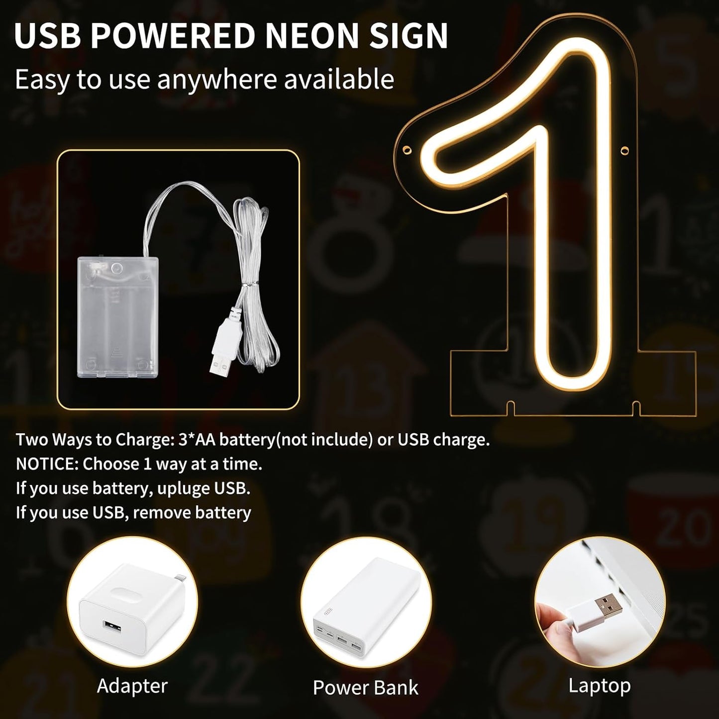 Number 1 LED Neon Sign Backdrop Birthday Party Decoration, 11.3" Height Warm White Marquee Number Light Up Sign for Wedding Anniversary Window Wall Table, Indoor Battery Operated or USB