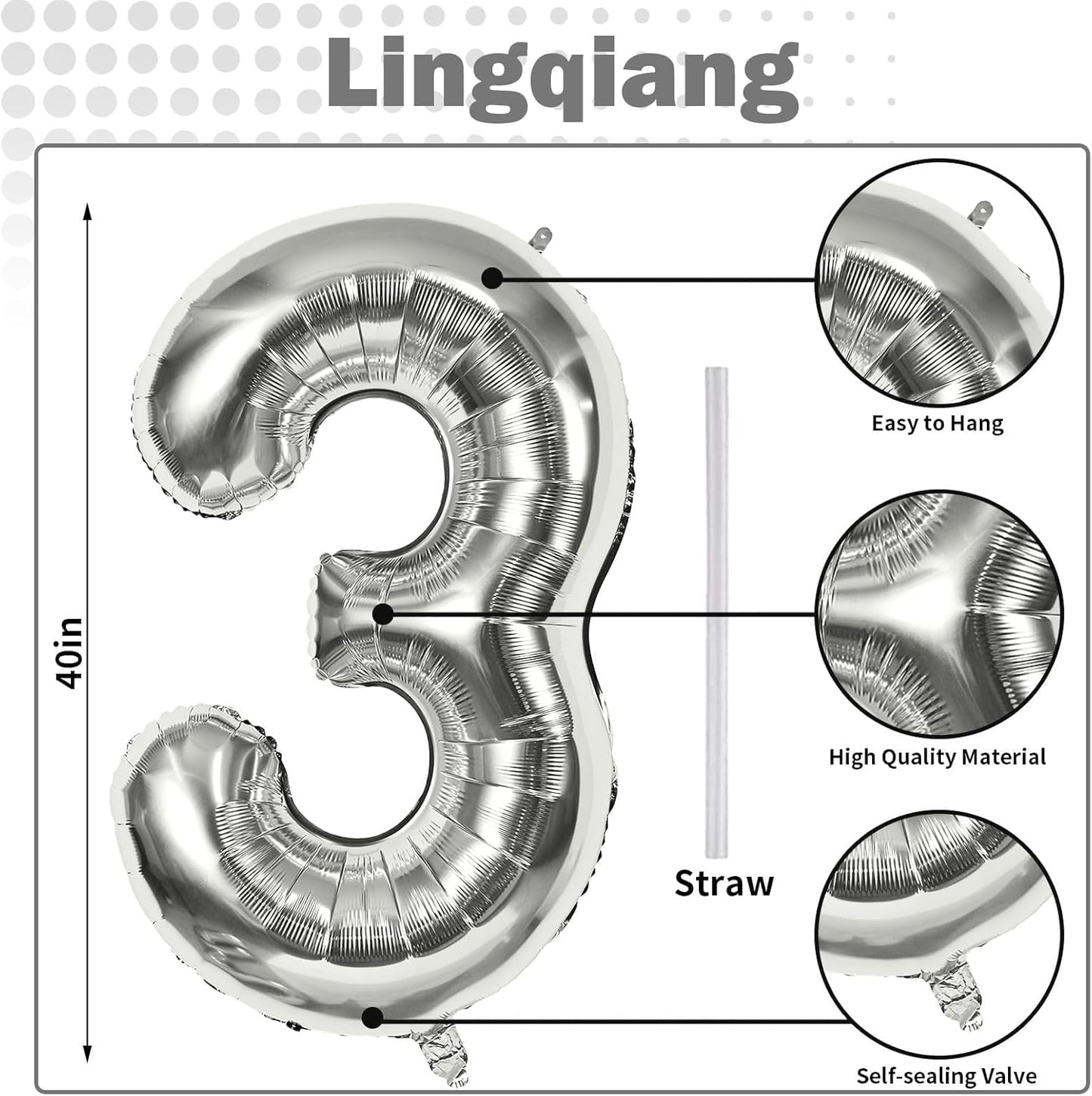 Silver 3 Balloons, 40 Inch Giant Helium Foil Number 0-9 Silver 3rd Birthday Balloon for Boys Girls, Self Inflating Digit 3 Balloons for Women Men Anniversary New Year Party Decorations Supplies