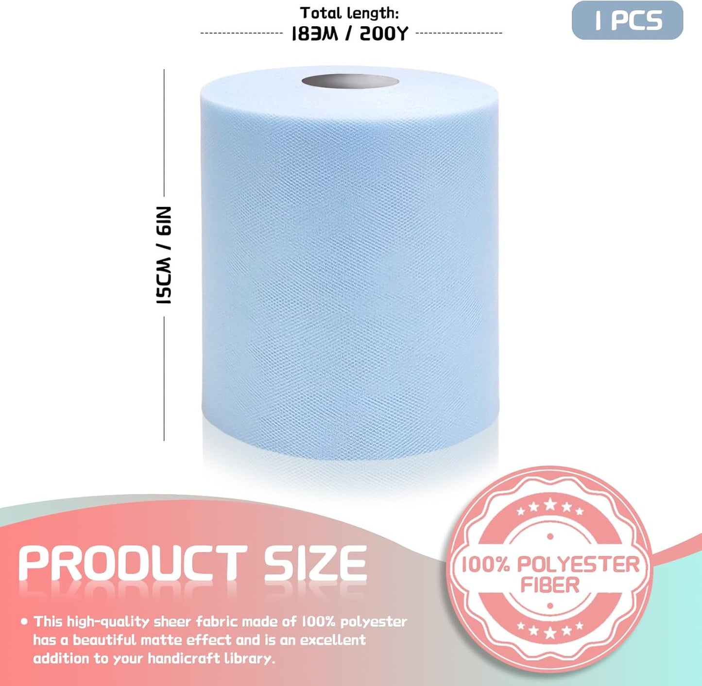 6" x 200 Yards Light Blue Tulle Fabric Rolls, Blue Spool Tulle Ribbon for DIY Tutu Skirt Wedding Decoration Baby Shower Birthday Party Backdrop Gift Wrapping Bow Craft Supplies